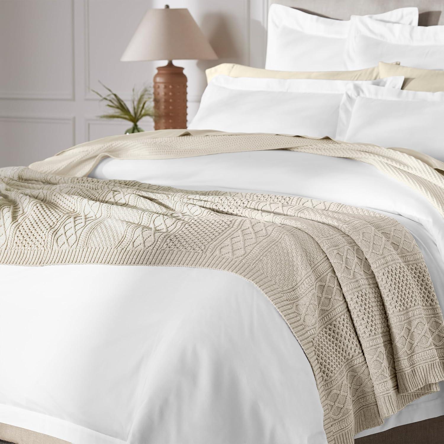 imageBOLL ampamp BRANCH Aran Knit Throw Blanket One Size Holly Luxury 100 Organic Cotton Ribbed Knit HandFinished Border Dense Richly Textured 50x70 InchesHeathered Oatmeal