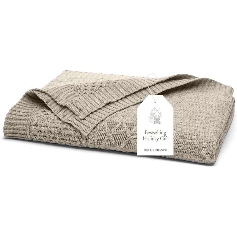 imageBOLL ampamp BRANCH Aran Knit Throw Blanket One Size Holly Luxury 100 Organic Cotton Ribbed Knit HandFinished Border Dense Richly Textured 50x70 InchesHeathered Oatmeal