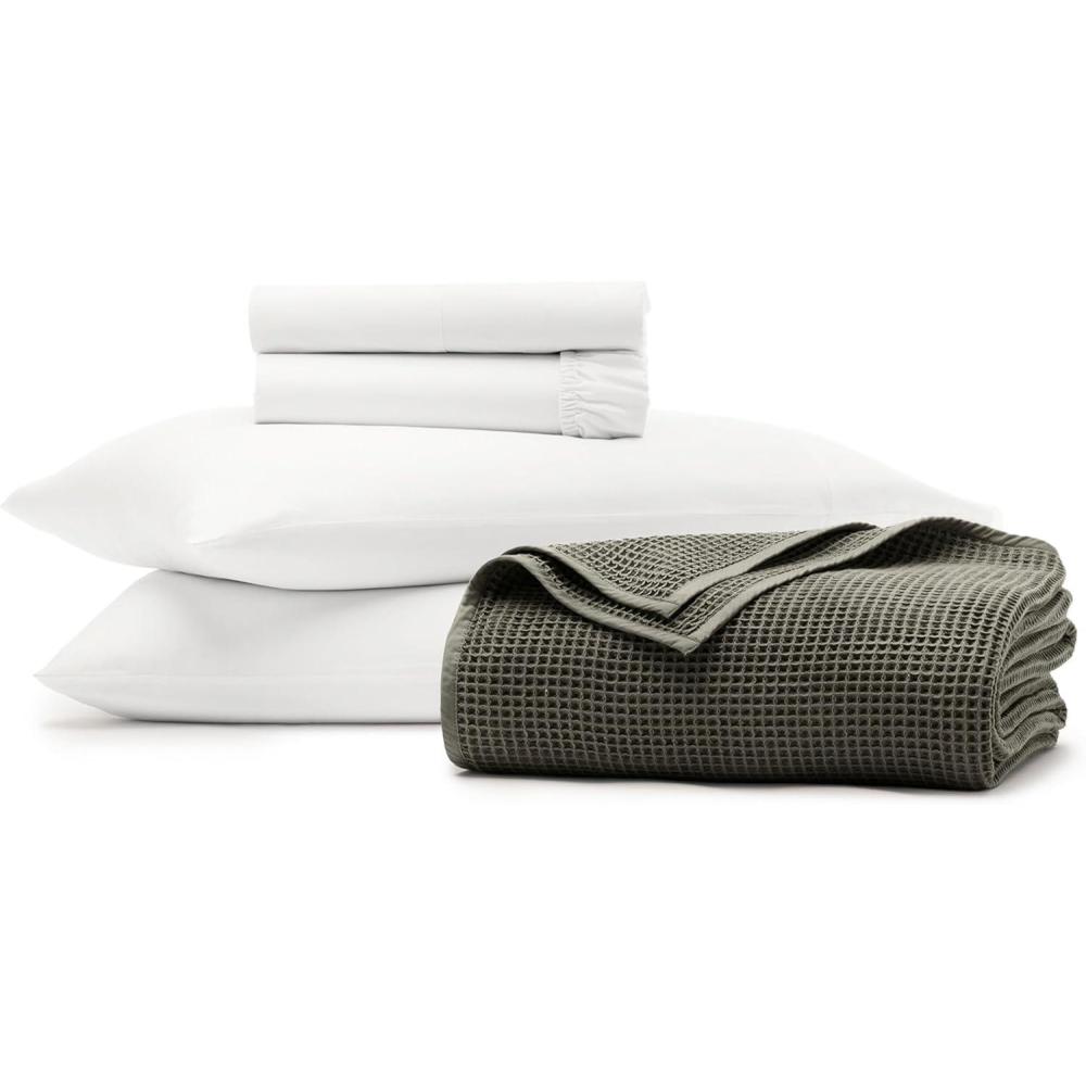 imageBOLL ampamp BRANCH Waffle and Signature Prime Exclusive Bundle 1 Sheet Set White Queen 1 Waffle Blanket Juniper FullQueen 100 Organic Luxury Cotton Brand