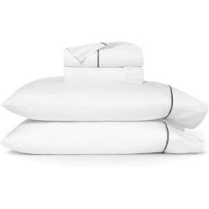 BOLL & BRANCH Signature Embroidered Sheet Set – Full, White/Stone – Luxury 100% Organic Cotton – 1 Flat, 1 Fitted, 2 Pillowcases(White/Stone)