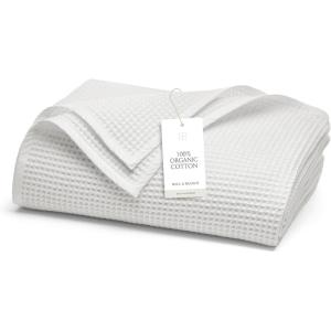 BOLL & BRANCH Waffle Bed Blanket – Full/Queen, Holly – Luxury 100% Organic Cotton – Soft, Lightweight and Breathable – Textured Waffle Weave(White)