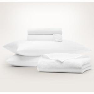 BOLL & BRANCH Waffle & Signature Starter Bundle – 1 Sheet Set, White, Queen – 1 Waffle Blanket, White, Full/Queen – 100% Organic Luxury Cotton