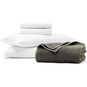 BOLL & BRANCH Waffle and Signature Prime Exclusive Bundle – 1 Sheet Set, White, Queen – 1 Waffle Blanket, Juniper, Full/Queen- 100% Organic Luxury Cotton Brand