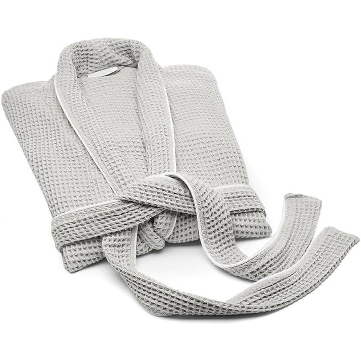 imageBOLL ampamp BRANCH Waffle Robe  100 Organic Cotton  Ultra Soft Lightweight and Breathable  UnisexPewterWhite
