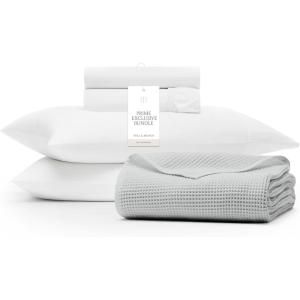 BOLL & BRANCH Waffle & Signature Prime Exclusive Bundle – 1 Sheet Set, White, Queen – 1 Waffle Blanket, Shore, Full, Queen- 100% Organic Luxury Cotton